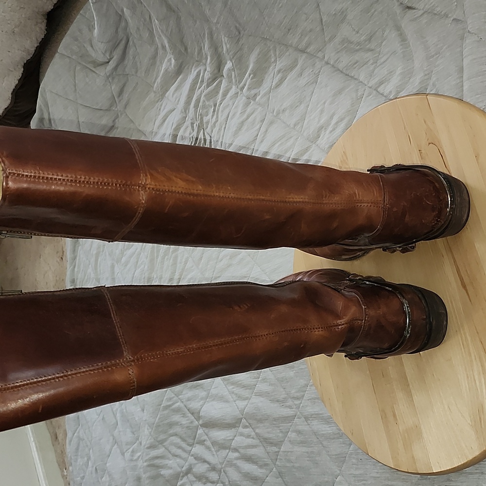 Frye Vintage Brown Leather Knee High Boots Side Zip Brass Harness Small Heel 8 - Picture 5 of 12